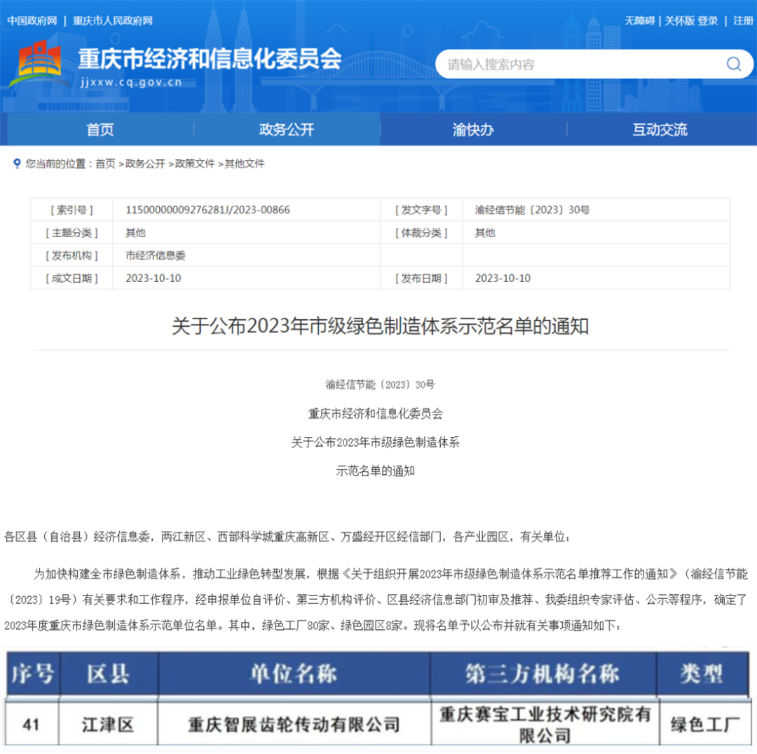 2023年市級綠色制造體系示范名單公布！重慶智展齒輪傳動有限公司獲評“重慶綠色工廠”